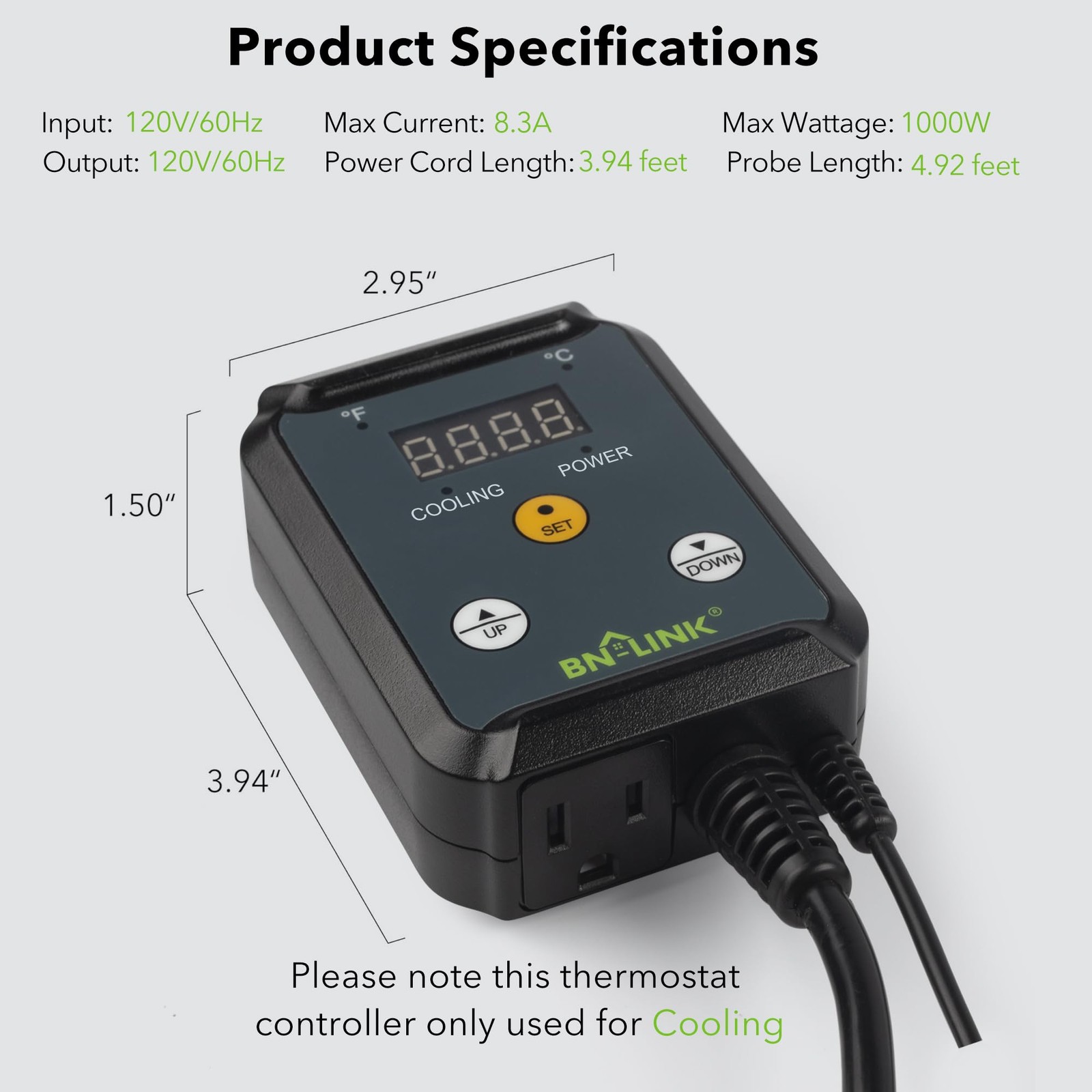 Digital Cooling Thermostat Controller for Fans, 40-108°F, 1000W, for Greenhouses