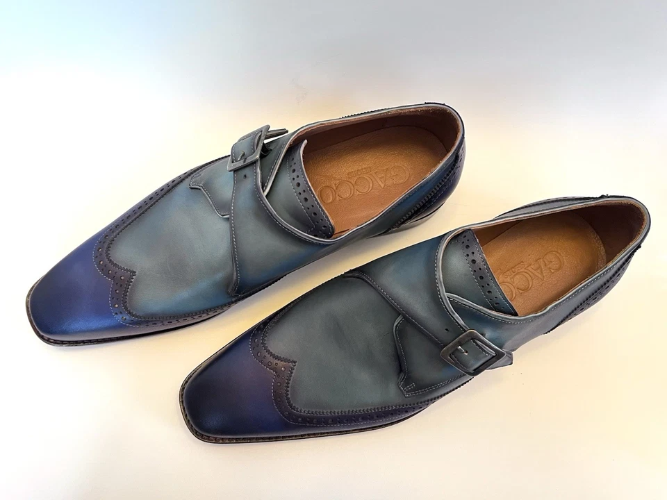 手工制作男式浣熊皮正装鞋僧侣带蓝色青绿色 12 码 US 45 欧元 — 第 2/4 张图片