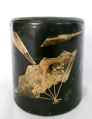 Antique Japanese Litho Tea Caddy Black Tin Double Lid Meiji Period Gold Fan 2.5''