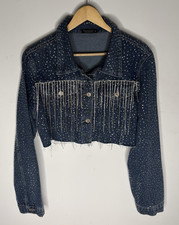 Blue Jean Jacket Cropped With Studded Rhinestone Fringes Emerson Lang Sz Medium