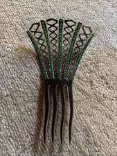 Vintage Art Deco celluloid Green rhinestones hair comb