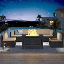 8 Piece Outdoor Patio Furniture Set with Fire Pit Table, Tea Table and Cushions