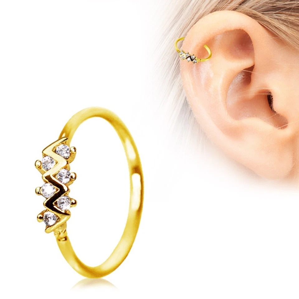 Gold Plated Jeweled Zig-Zag Cartilage Earring / Nose Hoop Ring 1mm x 10mm - Image 4 of 4