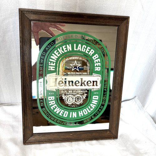 Vintage Heineken White On Green Bar Beer Mirror Sign 10.5x13.5 Inches
