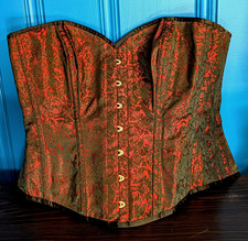 Corset Boned Red/Black Floral Brocade Overbust Lace-Up Plus 24 Corset Story
