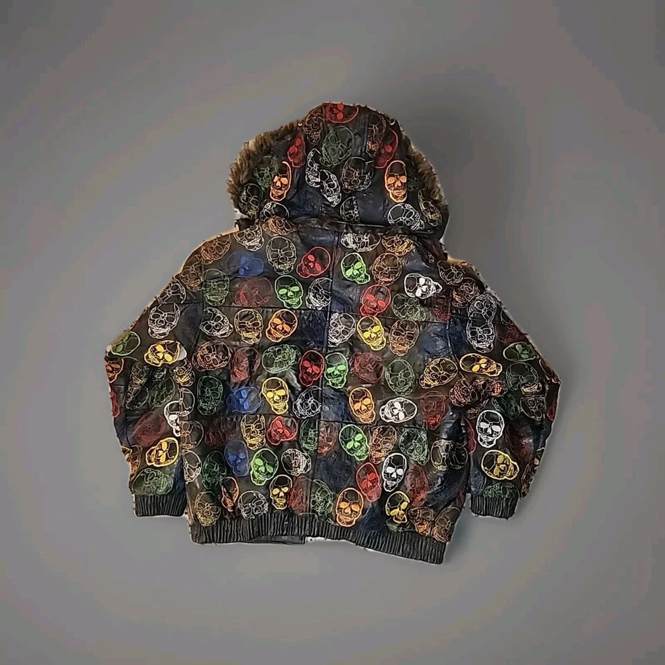 Chaqueta de cuero Legacy por todas partes calavera bordada piel capucha rara XXL 2XL RARA Foto 2 de 4