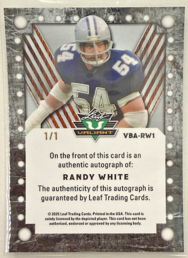 2025 Leaf Eclectic Football Valiant Base Green Sparkle Auto 1/1 Randy White view 2
