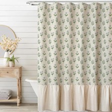 Linen Ruffle Shower Curtain Vintage Floral Farmhouse Boho Bathroom Decor 72x72