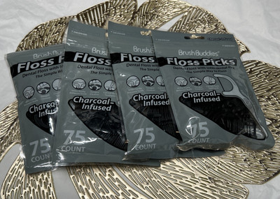 (4) BrushBuddies 75 Count Charcoal Infused Floss Picks (300 total picks)