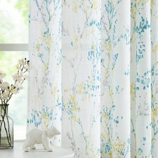 Branch Semi Sheers Curtains Living-Room 84inch Long Yellow Teal Watercolor Pr...