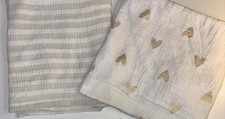 Cloud Island Swaddle Blanket Muslin Cotton Gold Hearts Receiving 39x45 Lot Of 2