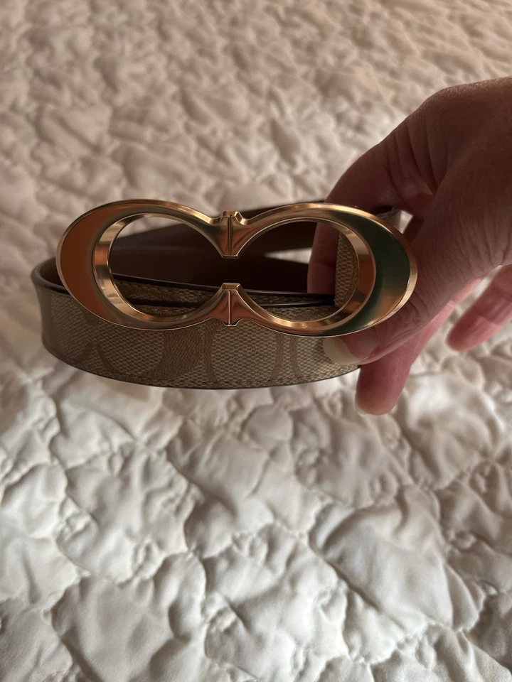 Cinturón de cuero con monograma caqui claro Coach para mujer besos CC’s talla 44 grande CA516 Foto 3 de 4