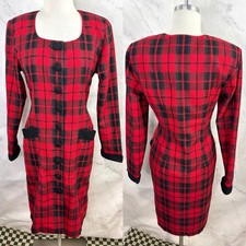 Vtg 80s Express Red Tartan Plaid Coat Dress Sheath S Button Christmas Office