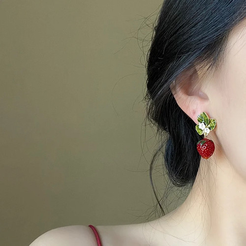 Delicados pendientes colgantes de flor de fresa roja para mujer 3D simulados verde fruta - Imagen 3 de 27