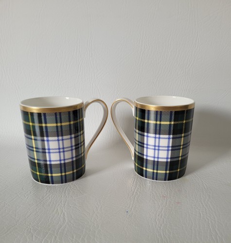 Ralph Lauren Coffee Mugs Dress Gordon Tartan Plaid Gold Trim Set Of 2 Cups - Picture 2 of 7