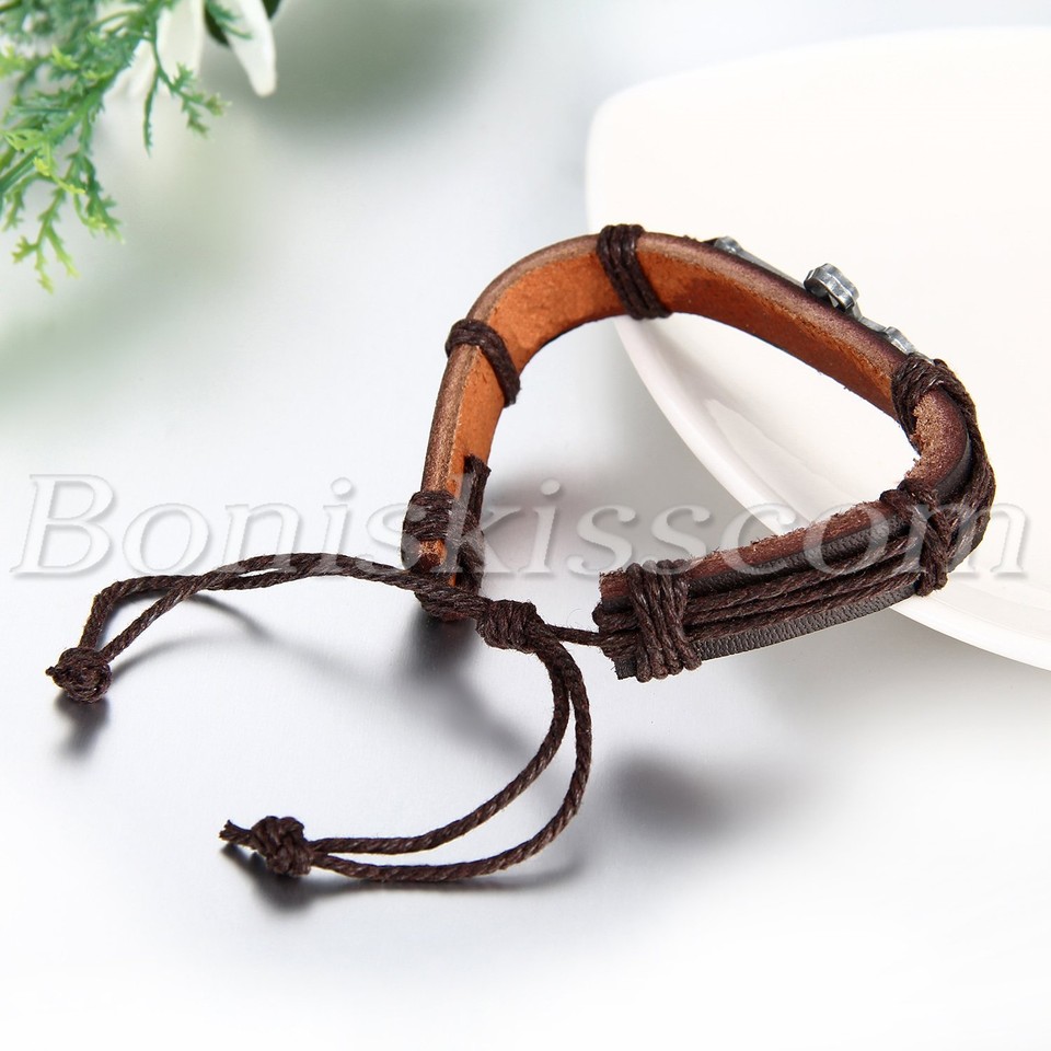 Men Stainless Steel Buckle Leather Bracelet Bangle Cuff Vintage