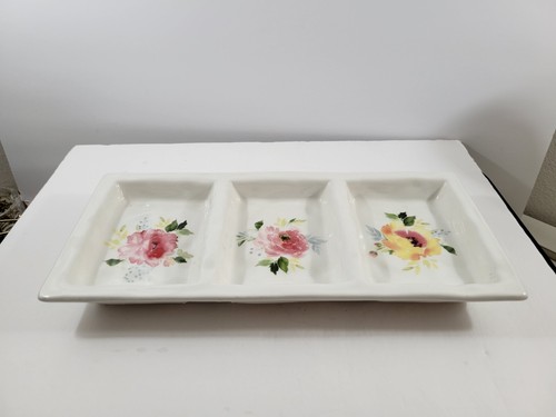 3 Teilig Geteilt Servierschale 14x7" Rechteck Weiß Porzellan Rosa Gelbe Rosen - Bild 6 von 19