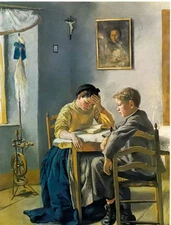 Art Oil painting Hans Thoma - Die Geschwister young boy and girl doing homework
