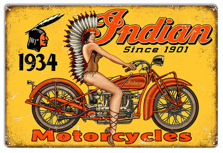 Indian Motorcycle Pin Up Girl Reproduction Garage Metal Sign 12x18