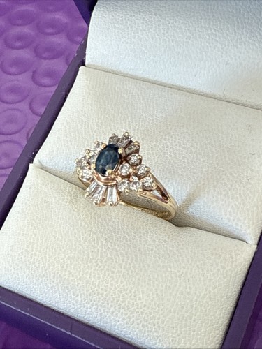 ๐ LADIES 14K YELLOW GOLD LAB CREATED BLUE SAPPHIRE & DIAMOND RING SZ 6 - Picture 2 of 8