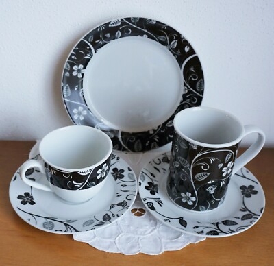 2 Tassen 3 Teller WELLCO Design Van Well CLARISSA Kombi Porzellan Schwarz Weiß 