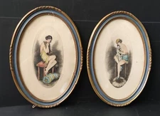 Pair Aquatint Engraving Under Glass Signed J. Dorval Woman Art Deco Oval Frame