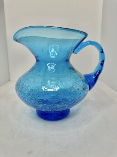 Vintage MCM Blenko Glass 709 Squatty Pitcher In Turquoise Crackle Stunning - Picture 2 of 4