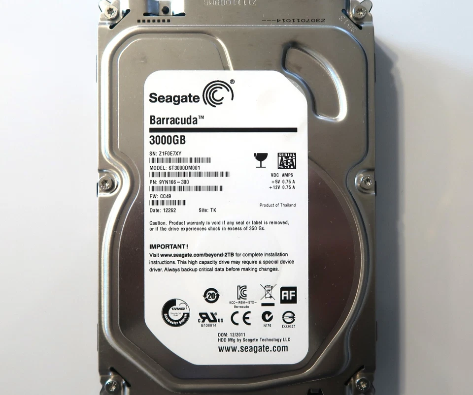 Seagate ST3000DM001 9YN166-300 CC49 TK Thailand (Z1F) 3TB 3.5" Sata HDD 12/2011 - Image 2 of 4