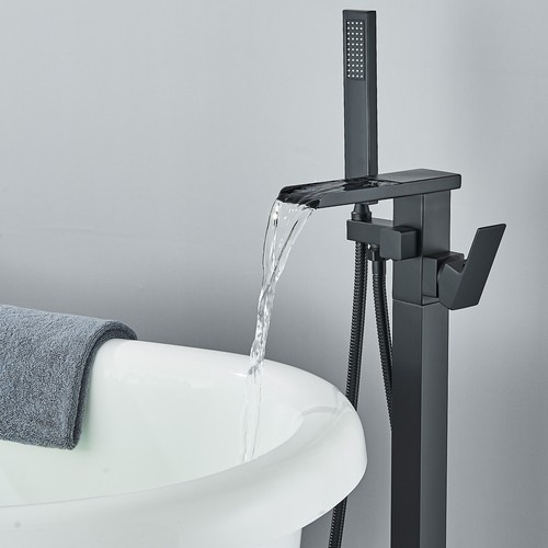 Black Waterfall Tub Filler Freestanding Bathtub Faucet with Shower Floor Mounted - Picture 3 of 13
