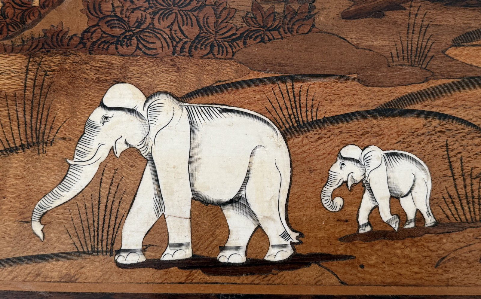 Mysore Elephant Family Wood Inlay Art Indian Hand Crafted Marquetry Panel