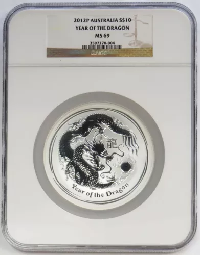 2012 SILVER AUSTRALIA $10 LUNAR YEAR OF THE DRAGON 10 oz COIN NGC MS 69