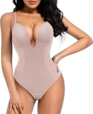 Women's Pink Medium Shapewear Deep V Thong Low-Back Tummy Control Bodysuit