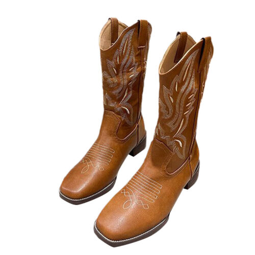 Damen Bestickt Western Mid Calf Cowgirl Stiefel Blockabsatz Stiefeletten Schuhe - Bild 10 von 26