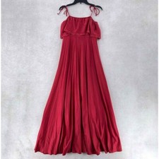Vintage Pleated Red Midi Maxi Slip Dress Tiered Ruffle Satin 13-14