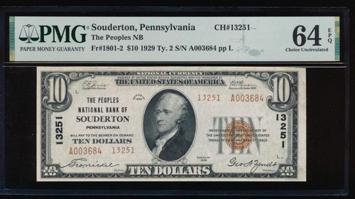 AC 1929 $10 Peoples National Bank of Souderton, Pennsylvania ch# 13251 PMG 64EPQ