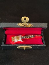 Miniature Wood Red Electric Guitar Dollhouse Accessory Figurine in Case
