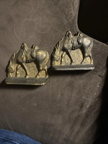 Vintage BRASS Bookends HORSE Figurine WESTERN Saddle CAST Antique
