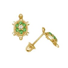 14K Solid Yellow Gold Birthstone CZ Turtle Screw Back Stud Earrings with Stones