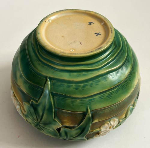 ROSEVILLE ART POTTERY LUFFA DECOR HANDLED JARDINIERE BOWL SHAPE 631-7 GREEN 1934 - Picture 16 of 21