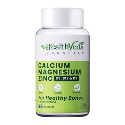 HEALTH VEDA Calcium, Magnesium, Zinc with Vitamin D3 & B12, 1000mg I 60 Tab