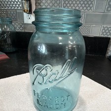 Ball Perfect Mason Blue Glass Jar Bottle, Embossed Ball Logo