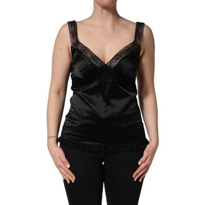 トップス D&G DOLCE&GABBANA 2000s Lace Camisole DOLCE & GABBANA Top Black Silk Lace Trim Camisole V-neckline Tank