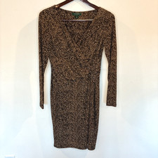 Lauren Ralph Lauren Dress 8 Faux Wrap Long Sleeve Snake Print Brown Slinky Lined