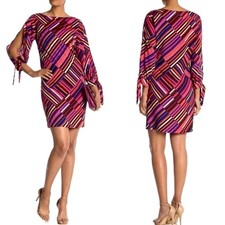 Trina Turk Jaxon Shift Dress Sz M Geometric Stripes Slit Tie Sleeve Lux Preppy