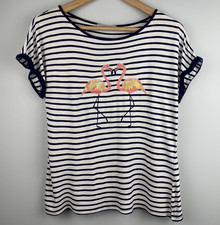 Oasis Navy Blue White Striped Flamingo Sequin T-Shirt Size UK 12 Medium Summer
