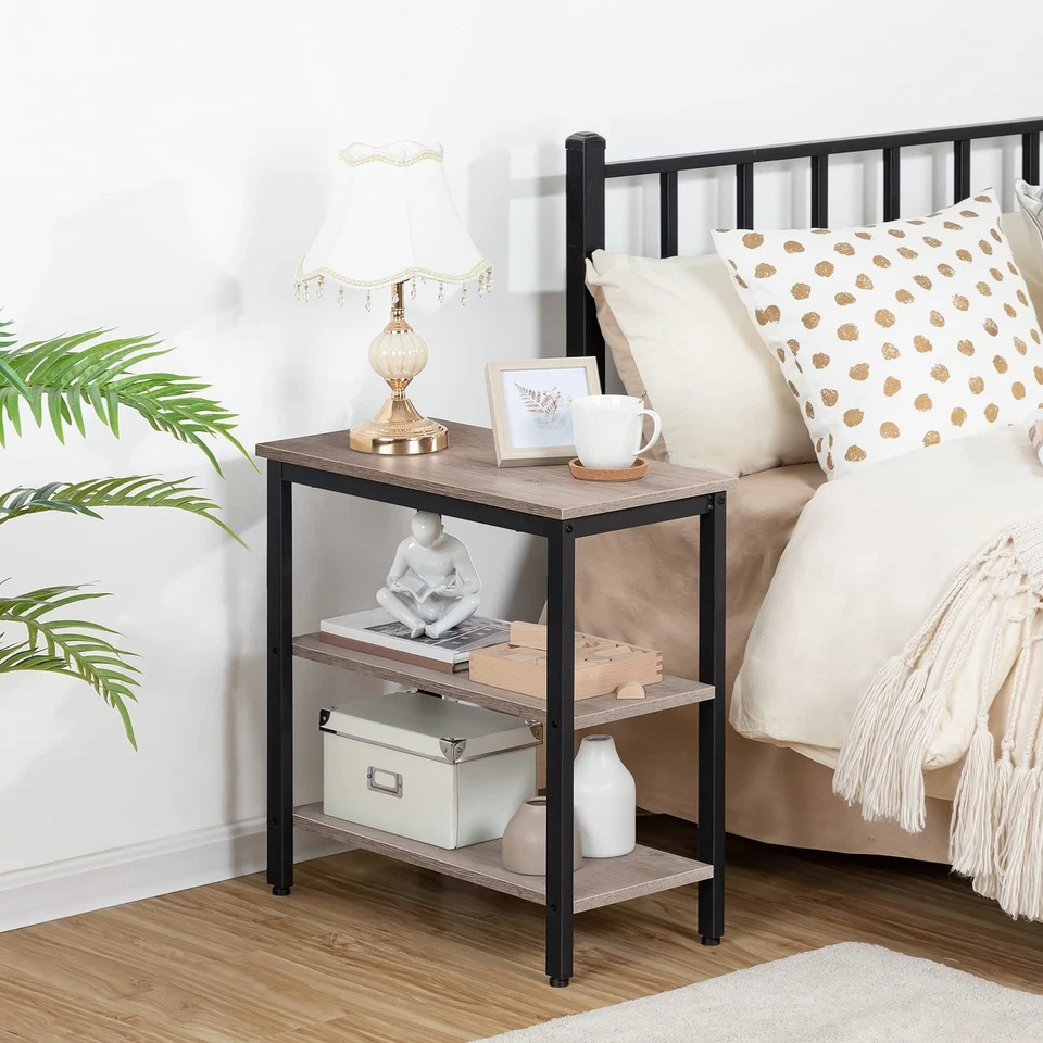 Mesa auxiliar, mesa auxiliar rústica simple con estante de almacenamiento de 3 niveles, noche estrecha... Foto 3 de 4