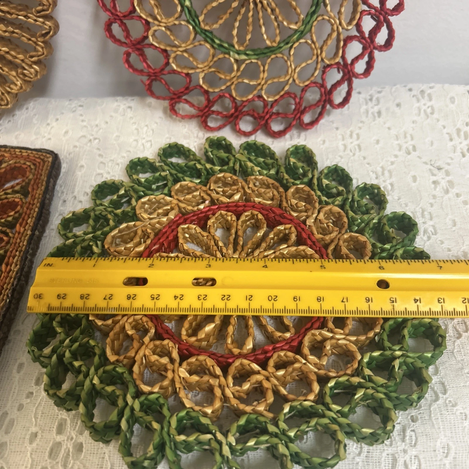 Vintage Hand Woven Straw Colorful Hot Pads Trivets Set Of 4 MCM 1970s Boho Retro image 15