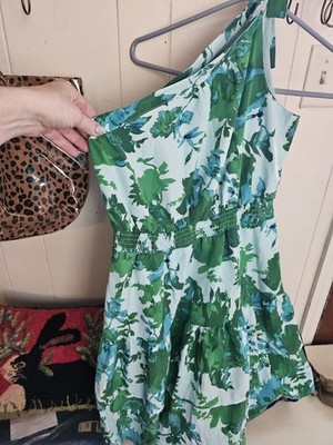 Boutique Style Off The Shoulder Mini Dress. Green/Blue Floral Pattern. Sz Medium