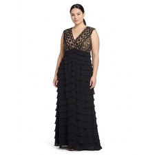 Adrianna Papell Boutique Black Maxi Ruffle Lace Dress Women Plus Size 14W