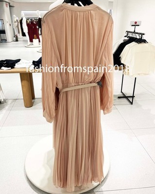 ZARA NEW WOMAN BELTED PLEATED MIDI DRESS CHAMPAGNE XS-XXL 3897/096